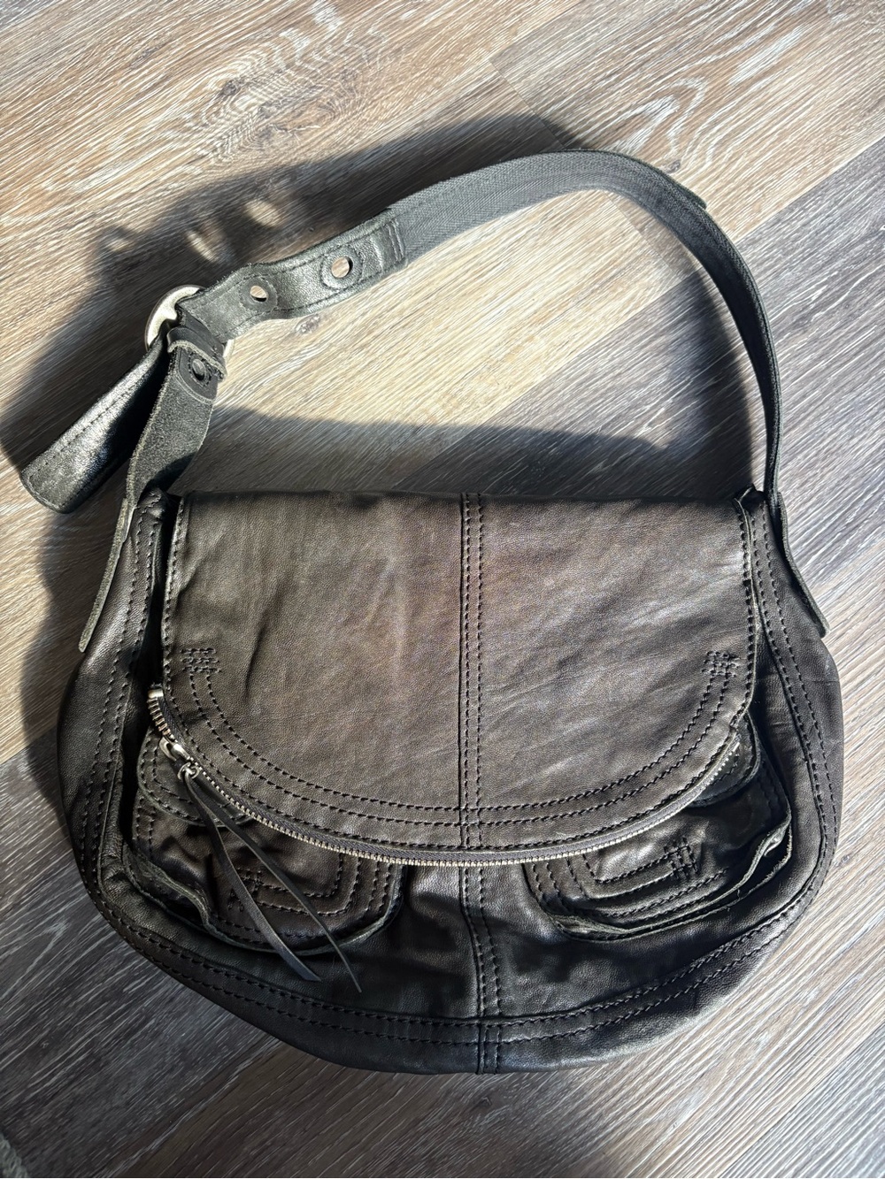 Lucky Brand Vintage Black Genuine Leather Flap Shoulder Bag Hobo Purse